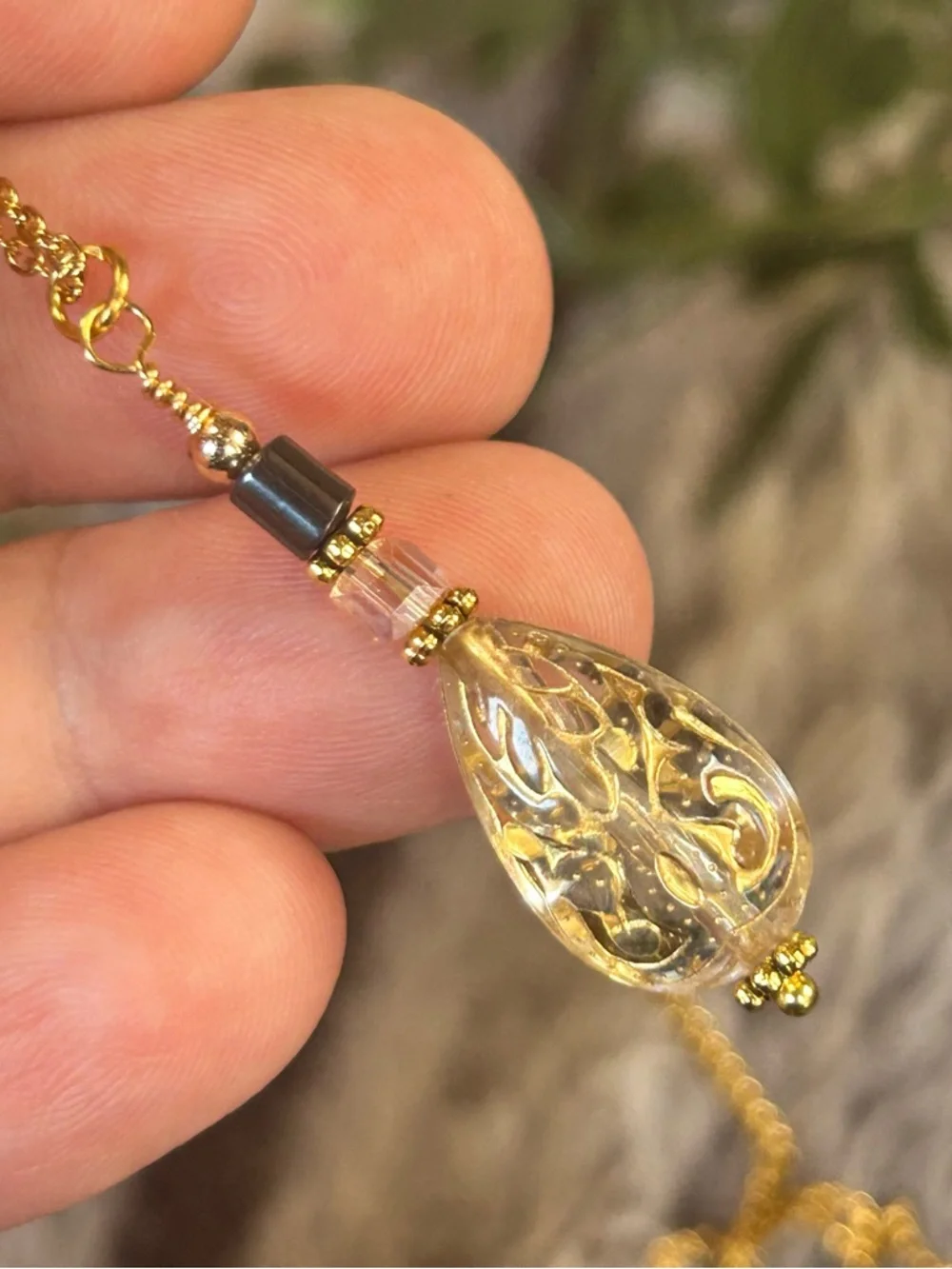 Handcrafted elegant raindrop glass beaded pendant on chain necklace